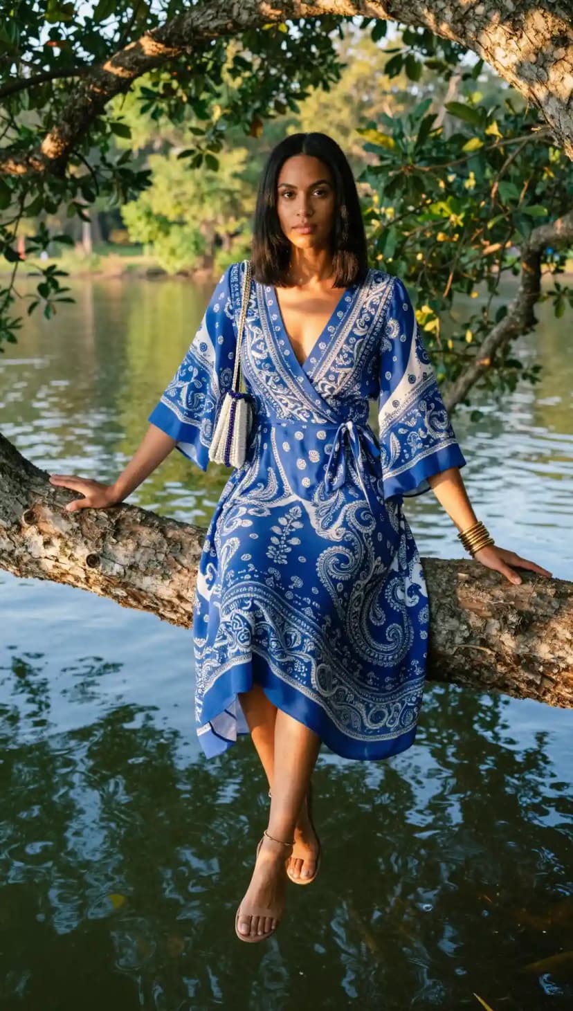 Blue Paisley Wrap Dress + Beaded Bag + Gold Bangles