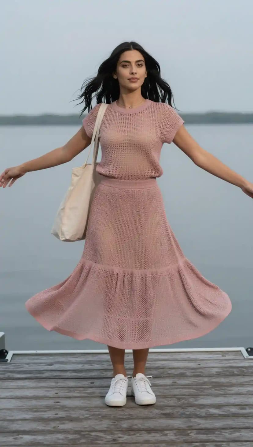 Pink Knit Midi Dress + White Sneakers + Canvas Tote Bag