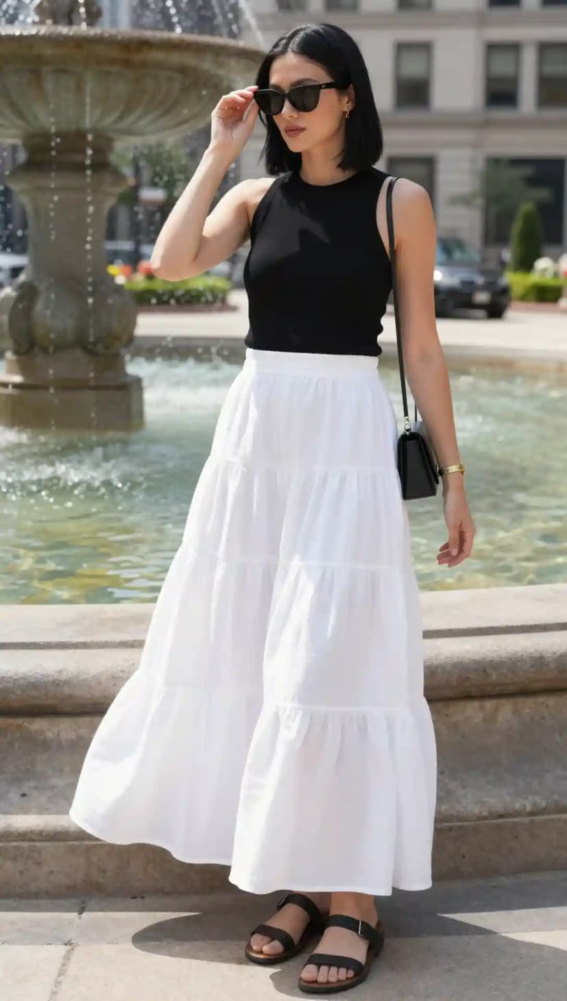 Black Tank Top + White Tiered Maxi Skirt + Brown Leather Slides + Black Bag