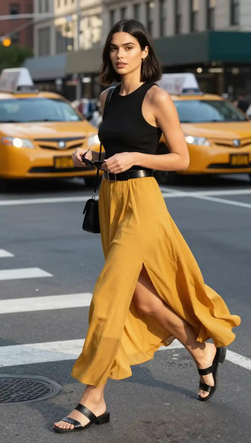 Black Tank Top + Mustard Yellow Maxi Skirt with Slit + Black Belt + Black Sandals