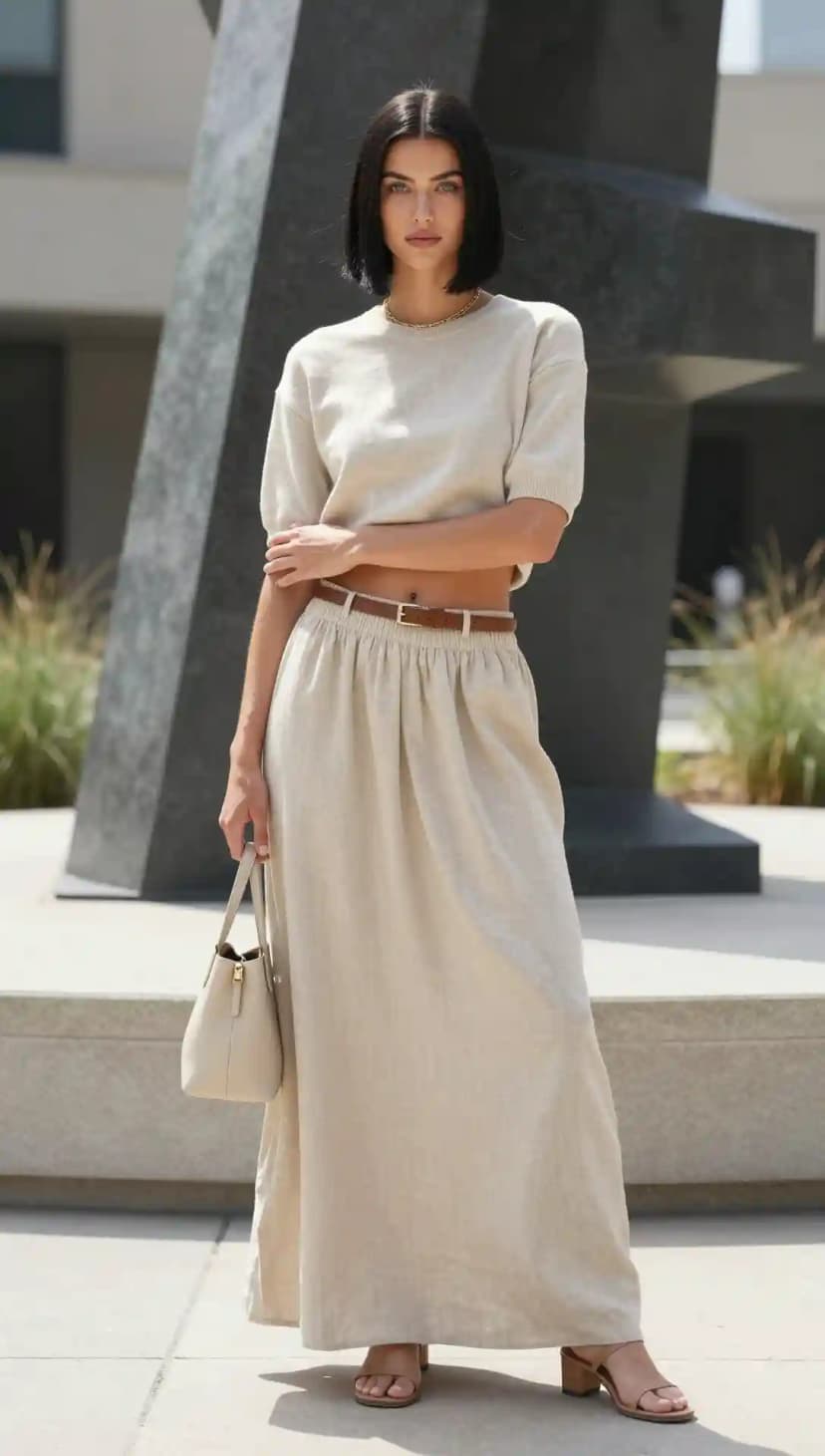 Beige Short-Sleeve Knit Top + Beige Linen Maxi Skirt + Brown Belt + White Handbag + Beige Heels