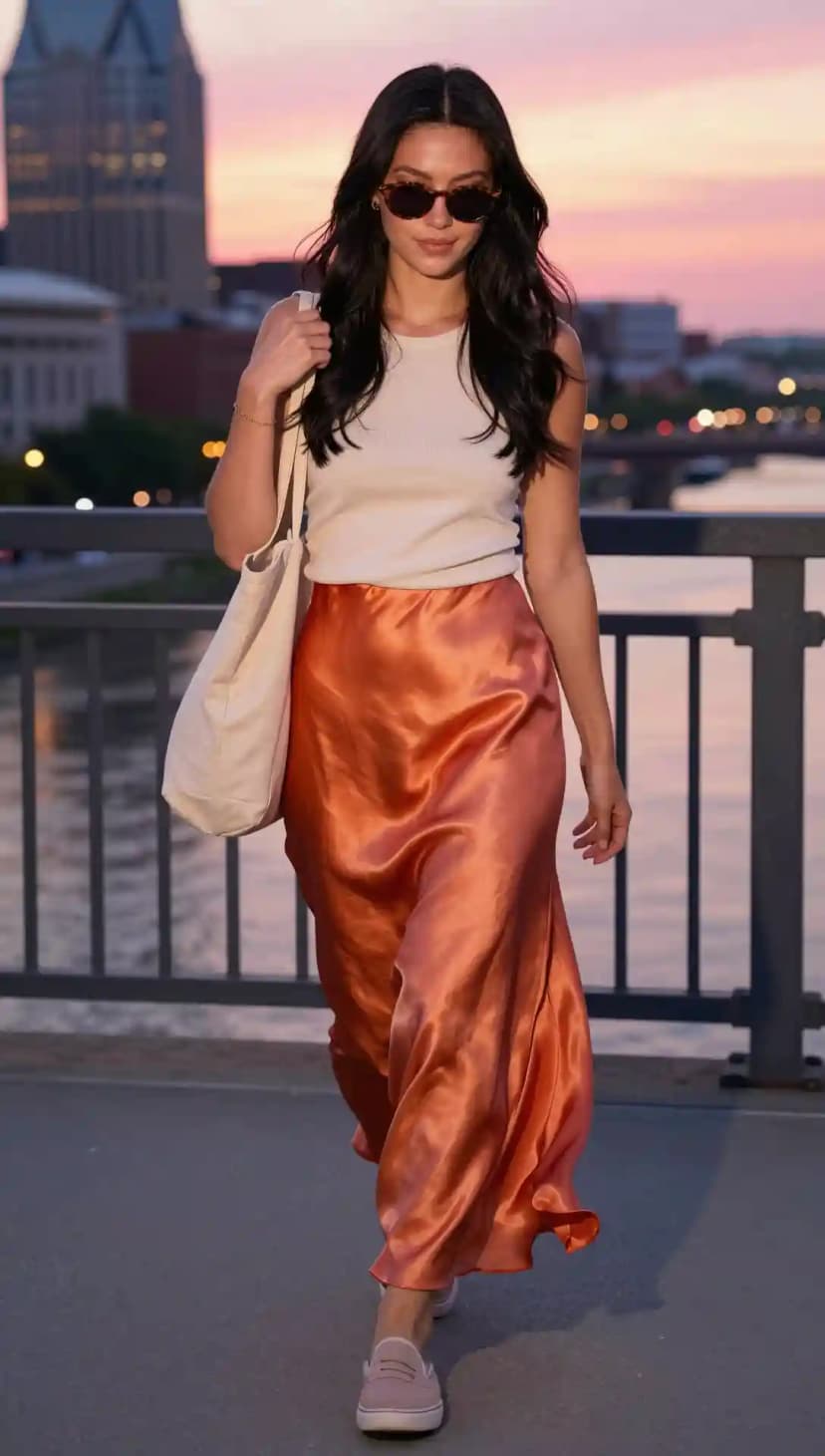 Cream Ribbed Tank Top + Burnt Orange Satin Maxi Skirt + Canvas Tote Bag + Pink Sneakers