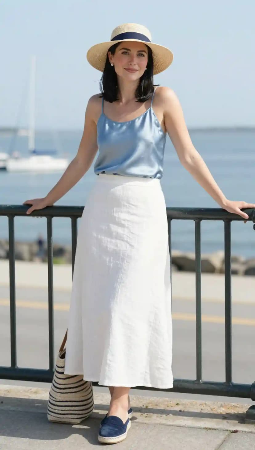 Light Blue Satin Camisole + White Linen Maxi Skirt + Straw Bag + Espadrille Flats