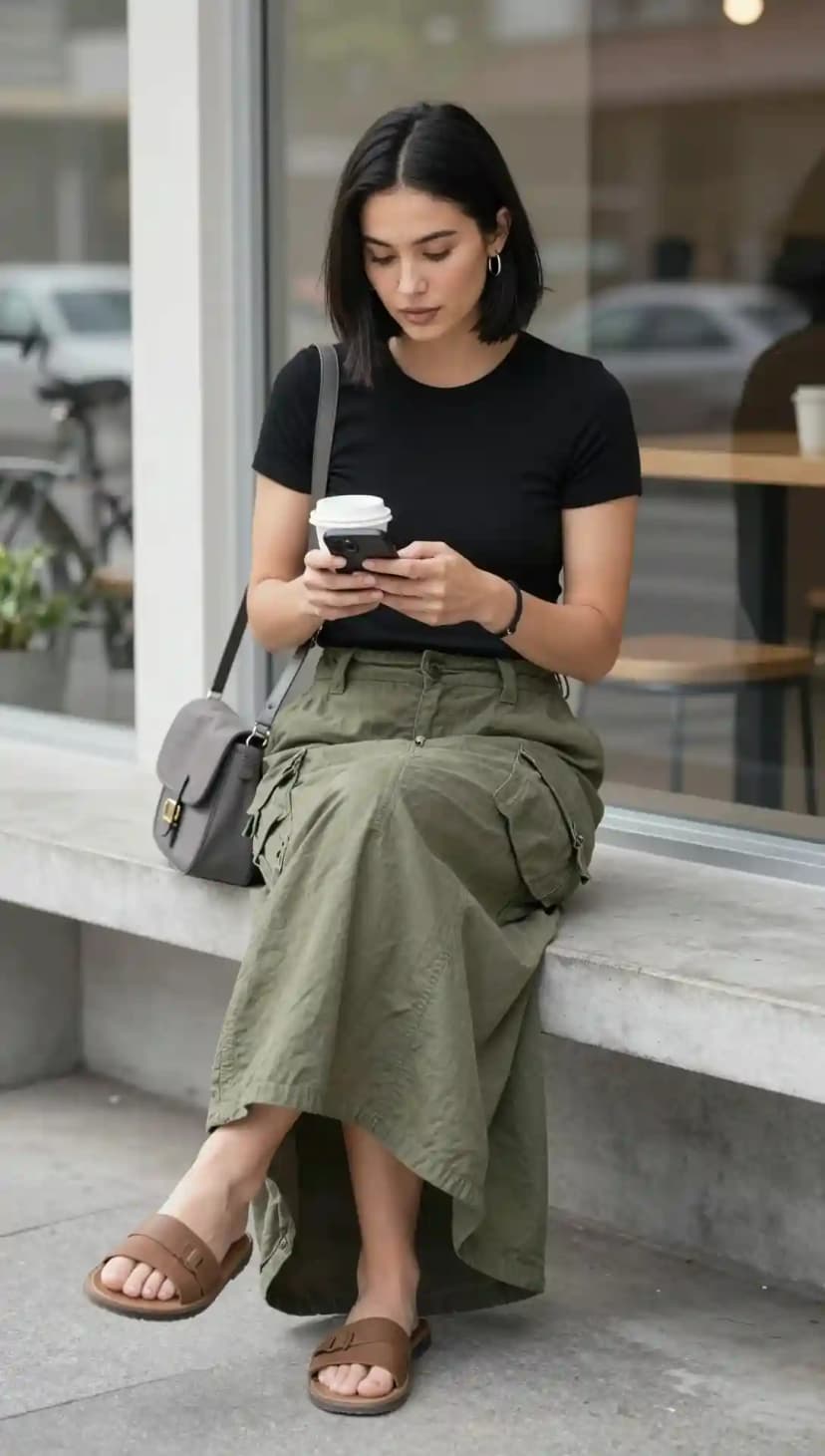 Black Ribbed T-shirt + Olive Cargo Maxi Skirt + Grey Crossbody Bag + Brown Slides