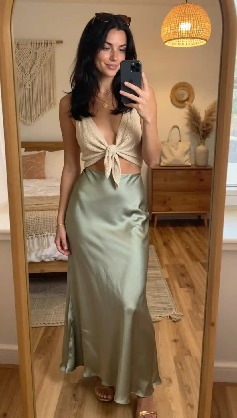 Beige Knitted Crop Top + Sage Green Satin Maxi Skirt + Gold Heeled Sandals