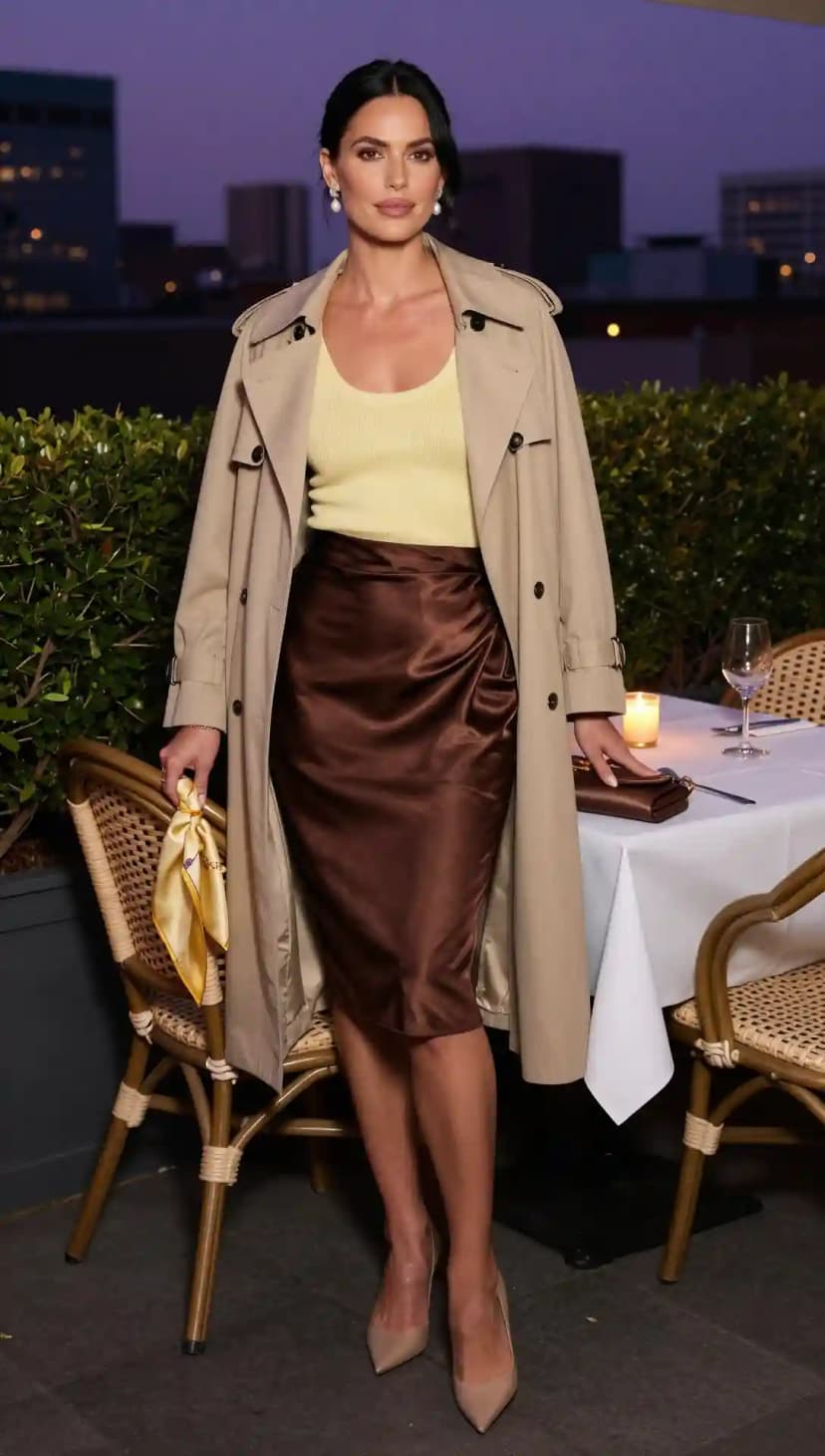 Yellow Ribbed Knit Top + Brown Satin Midi Skirt + Beige Trench Coat
