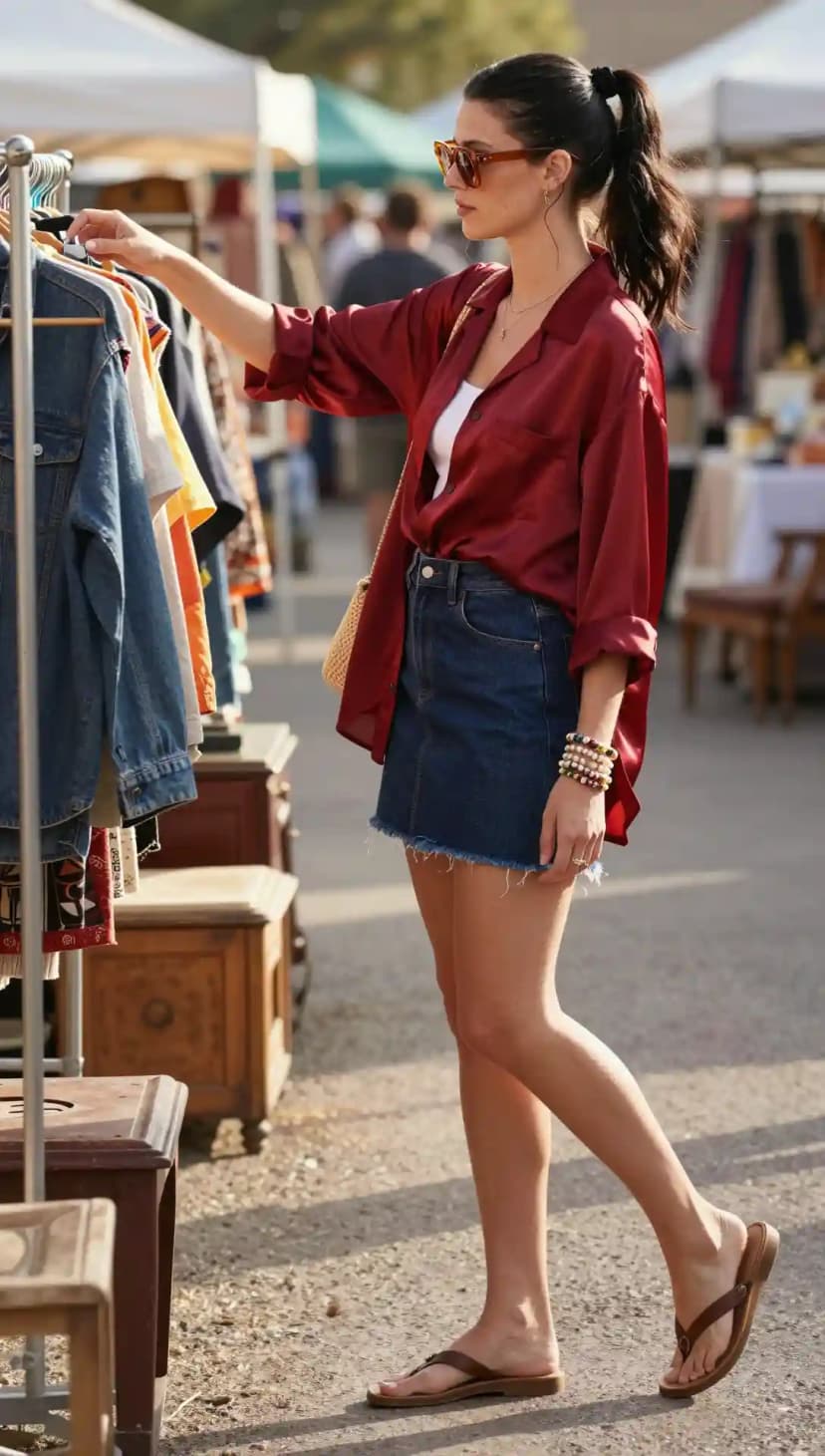 Red Silky Blouse + Denim Mini Skirt + Brown Flip-Flops
