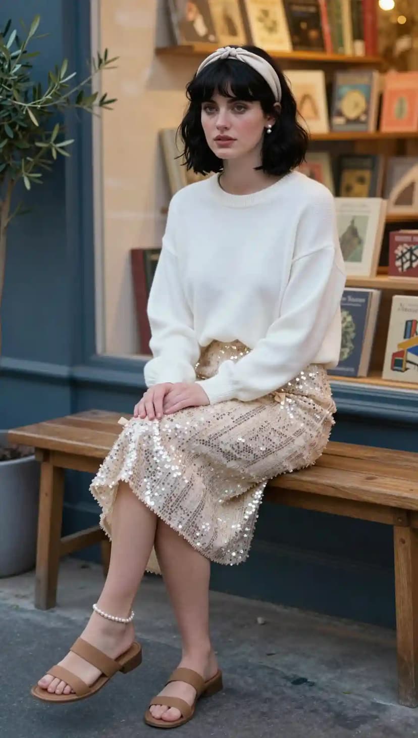 Cream Oversized Sweater + Gold Sequin Midi Skirt + Brown Slides