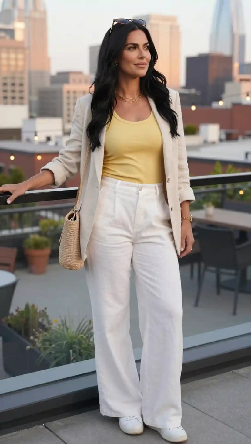 Beige Linen Blazer + Yellow Ribbed Tank Top + White Linen Wide-Leg Trousers