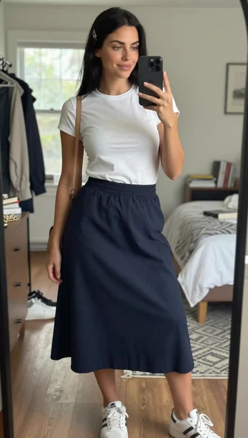 White Cotton T-shirt + Navy Linen Midi Skirt + White Leather Sneakers