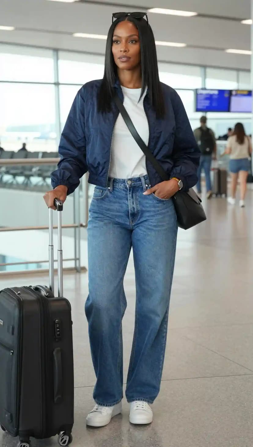 Navy Bomber Jacket + White Cotton T-shirt + Blue Denim Wide-Leg Jeans