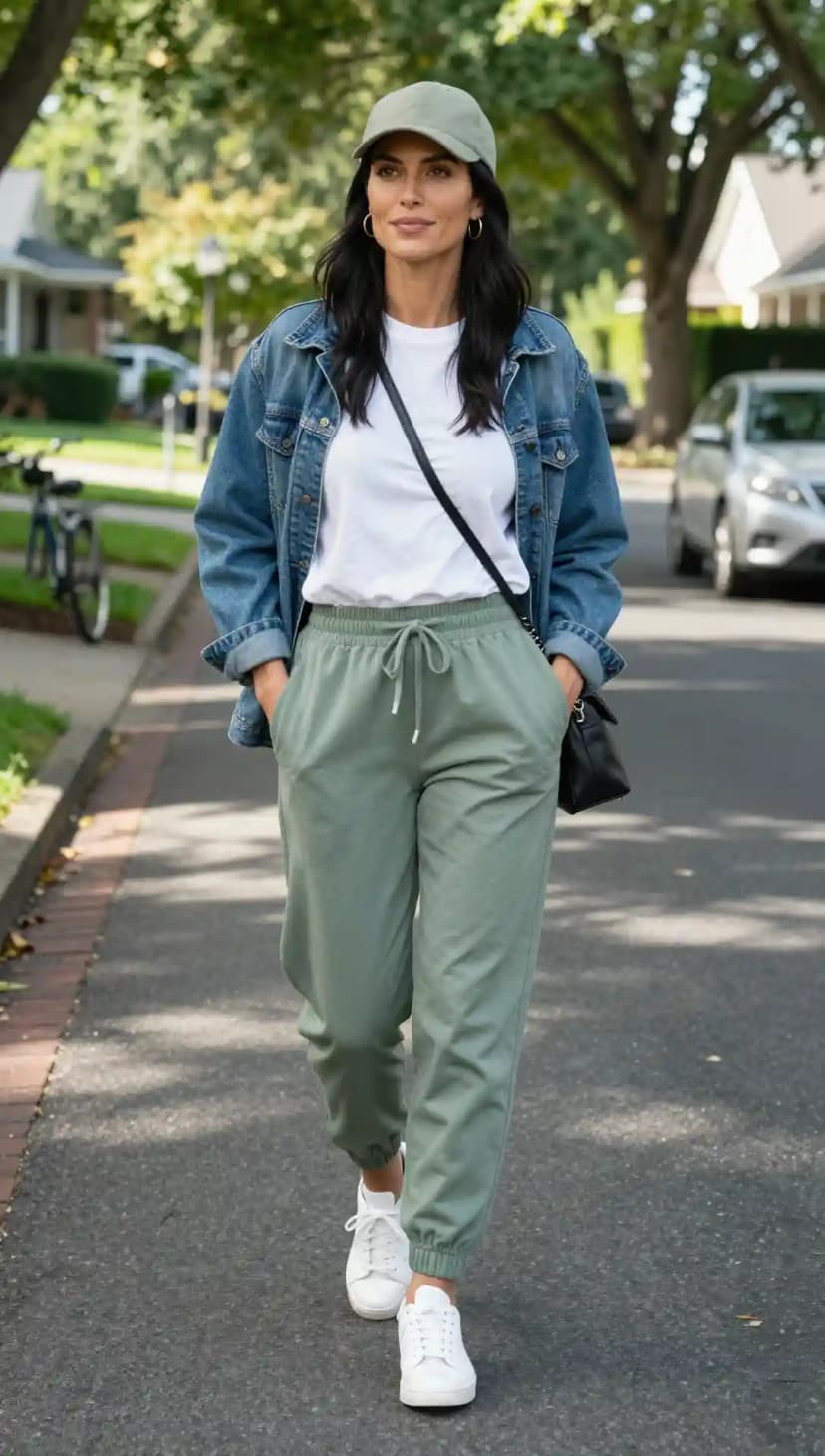 Blue Denim Jacket + White Cotton T-shirt + Sage Green Cotton Joggers