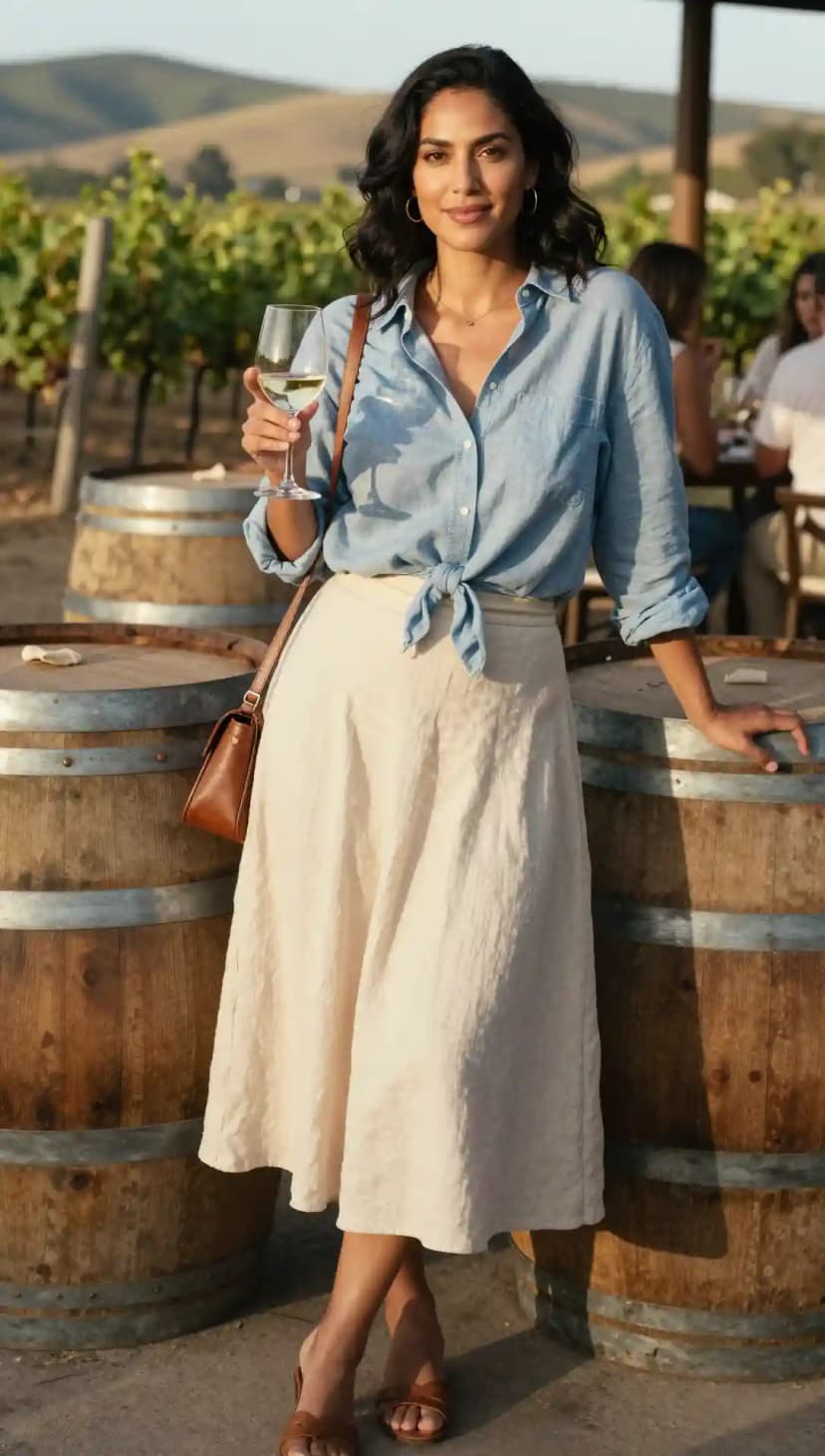 Blue Chambray Button-Up Shirt + Beige Linen Midi Skirt