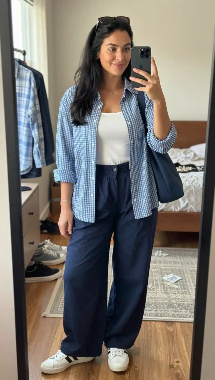 White Cotton Tank Top + Blue Gingham Linen Shirt + Navy Linen Wide-Leg Pants