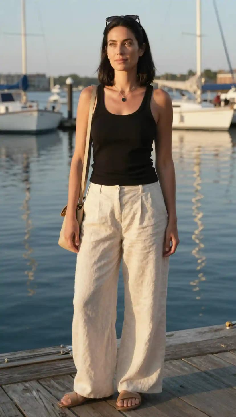 Black Ribbed Tank Top + Beige Linen Trousers + Tan Slide Sandals