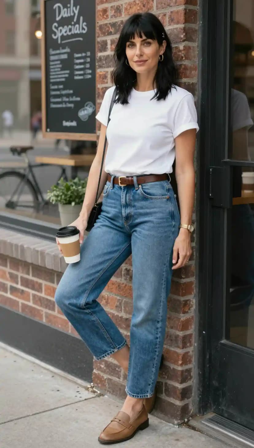 White Cotton T-Shirt + Blue Denim Jeans + Brown Leather Loafers