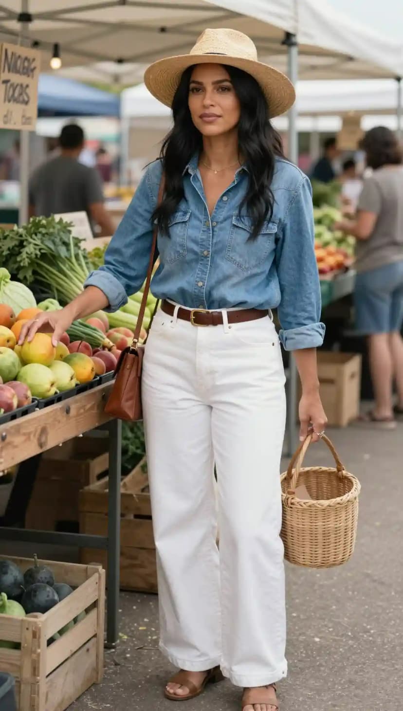 Blue Denim Shirt + White Cotton Wide-Leg Pants + Brown Leather Belt