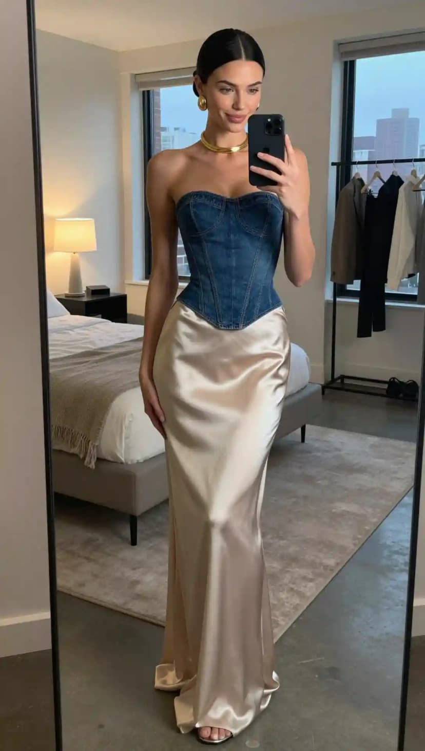 Denim Corset Top + Champagne Satin Maxi Skirt