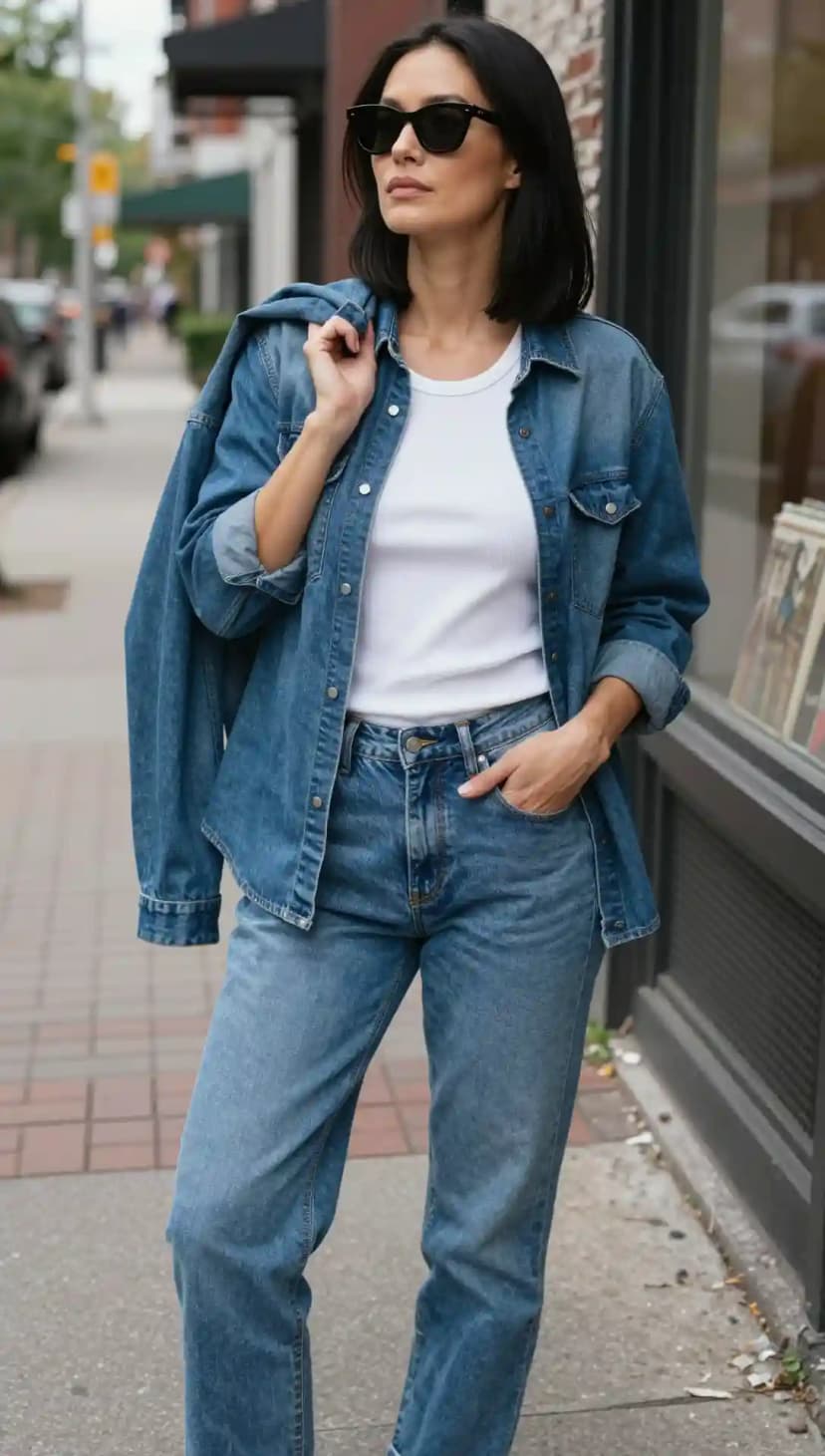 Denim Shirt + White Ribbed Tank Top + Light Wash Jeans