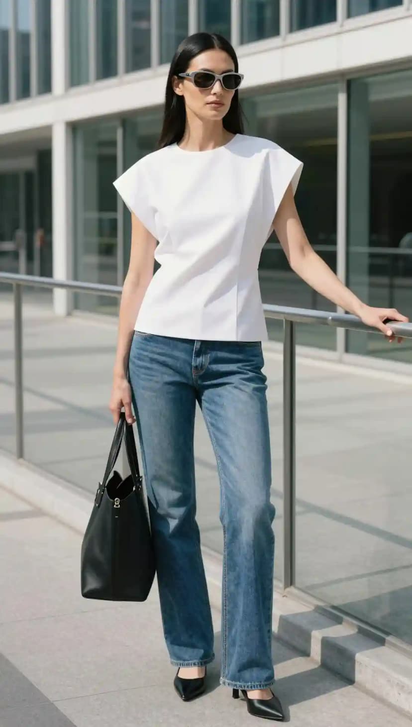 White Cap Sleeve Top + Medium Wash Wide Leg Jeans + Black Pointed Heels