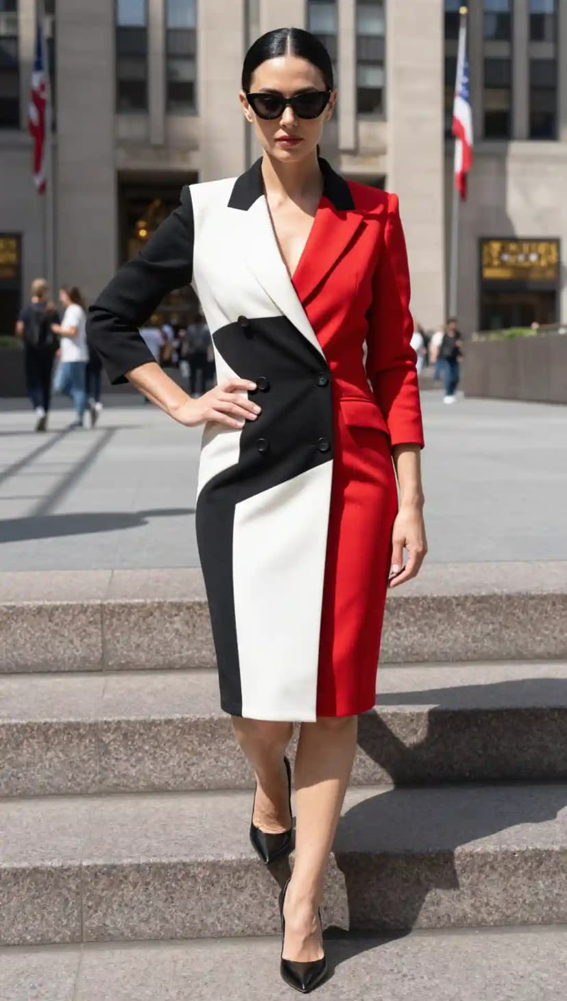 Colorblock Blazer Dress + Black Pointed Heels + Cat-Eye Sunglasses