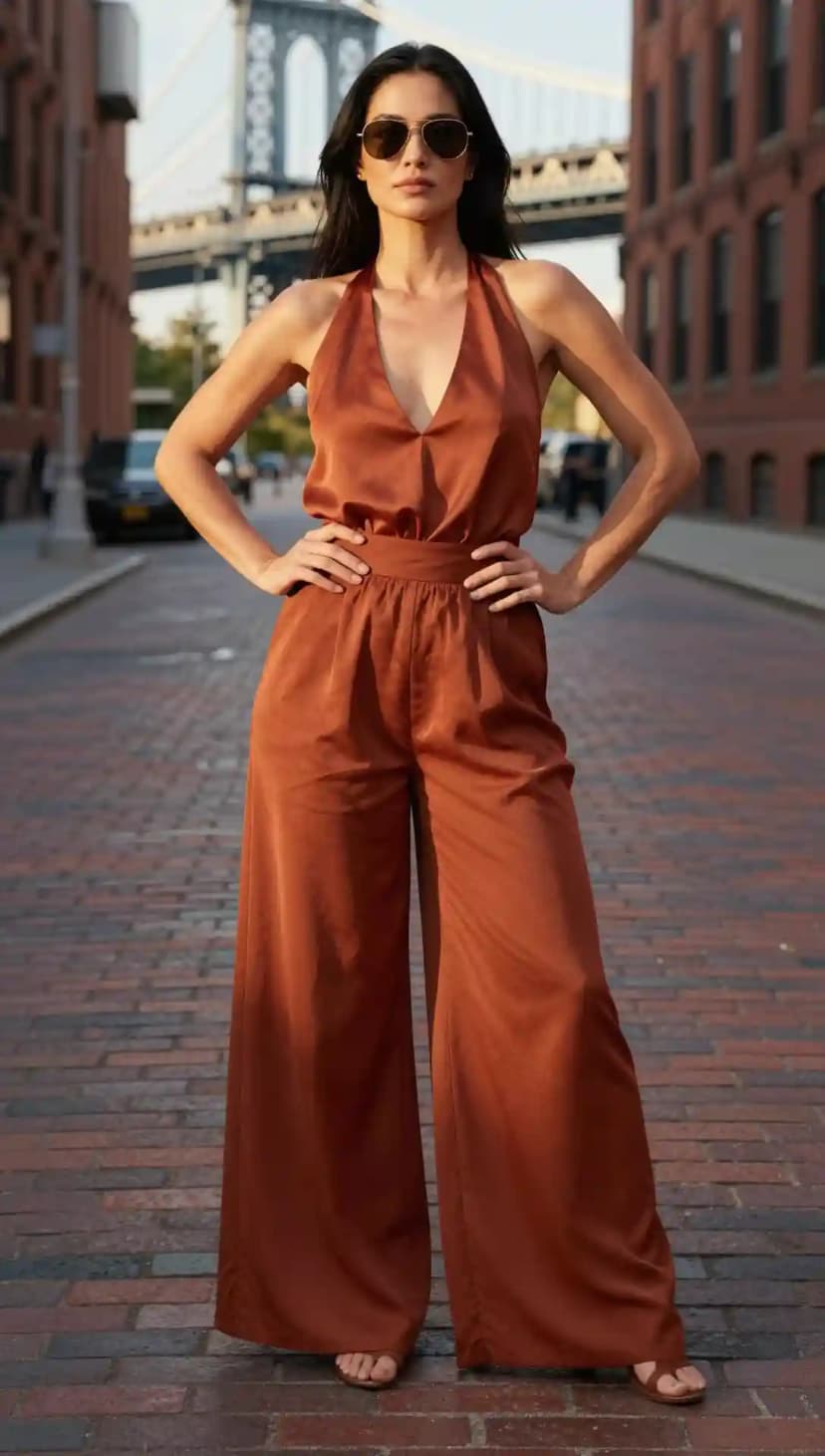 Rust Halter Jumpsuit + Aviator Sunglasses