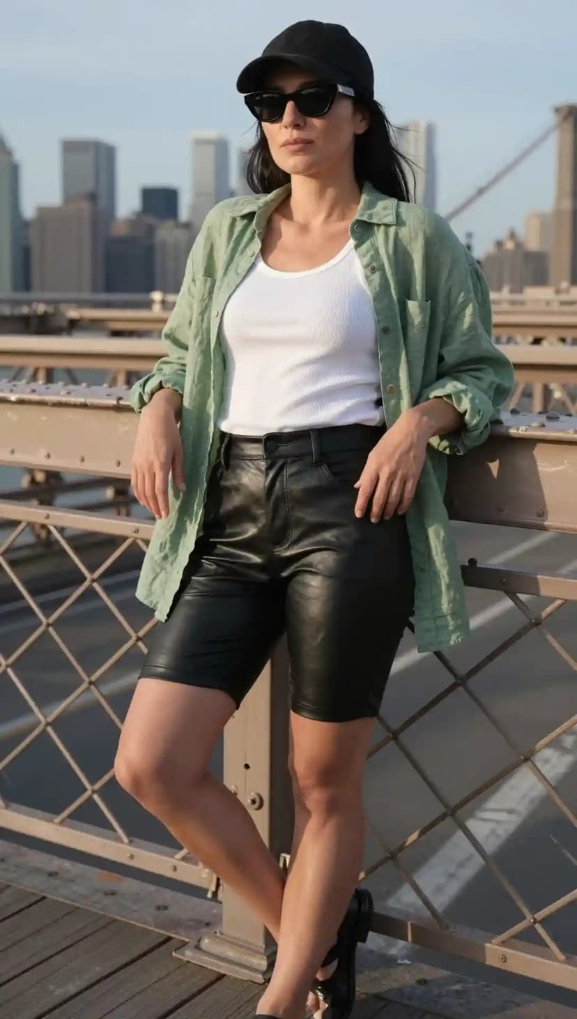 Sage Linen Shirt + White Ribbed Tank Top + Black Faux Leather Biker Shorts