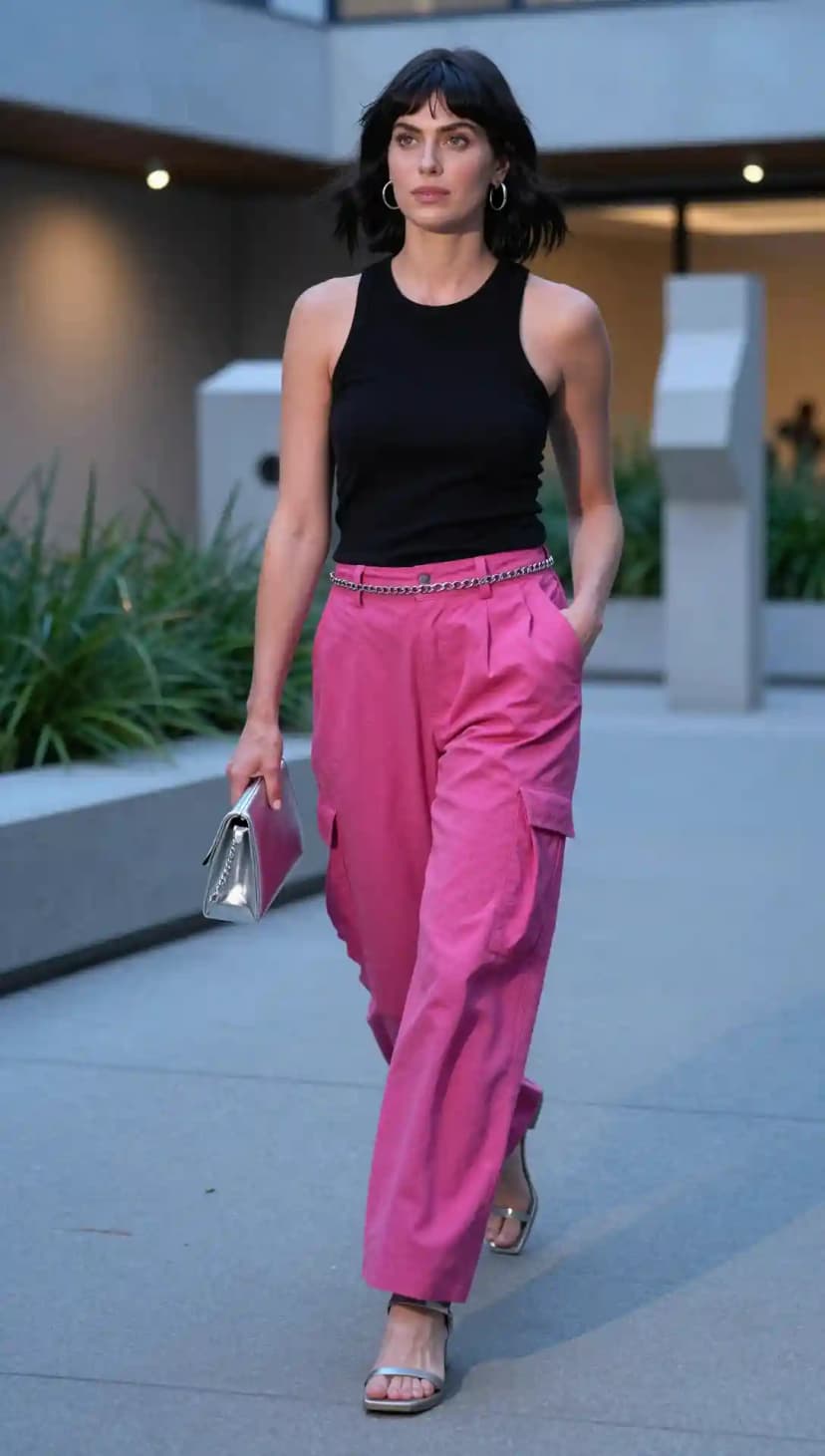 Black Ribbed Tank Top + Pink Cargo Pants + Silver Chain Belt
