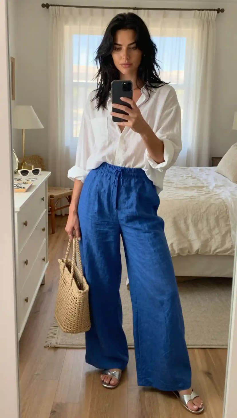 White Linen Shirt + Royal Blue Linen Pants