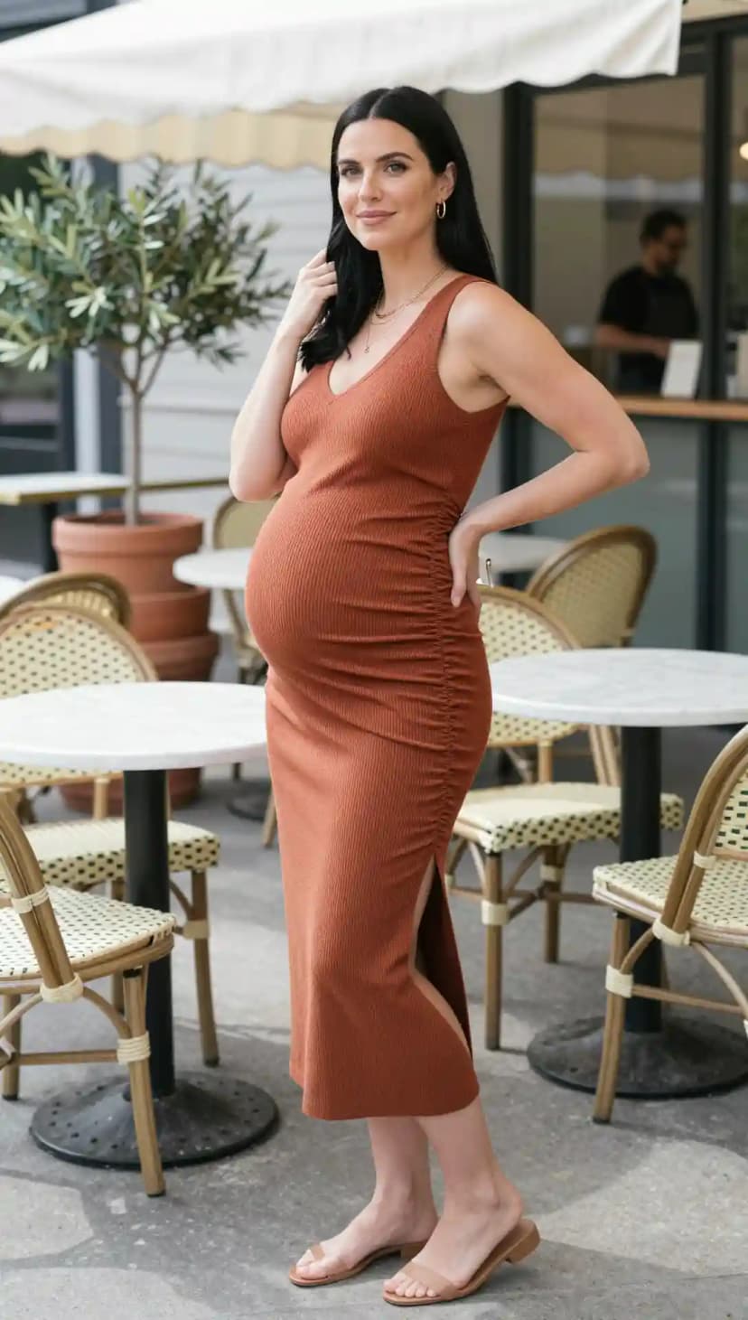 Ribbed Knit Midi Dress + Gold Hoop Earrings + Layered Necklaces