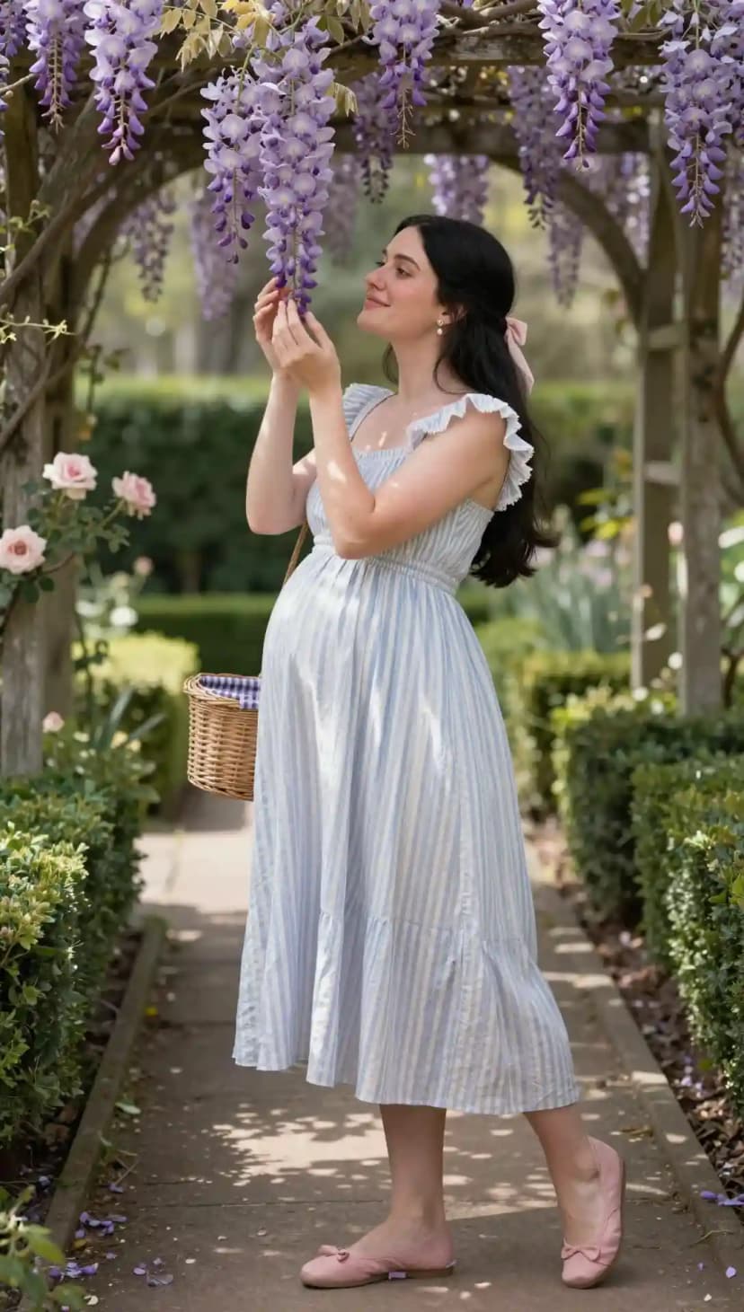 Light Blue Striped Maternity Dress + Wicker Picnic Basket + Pink Ballet Flats