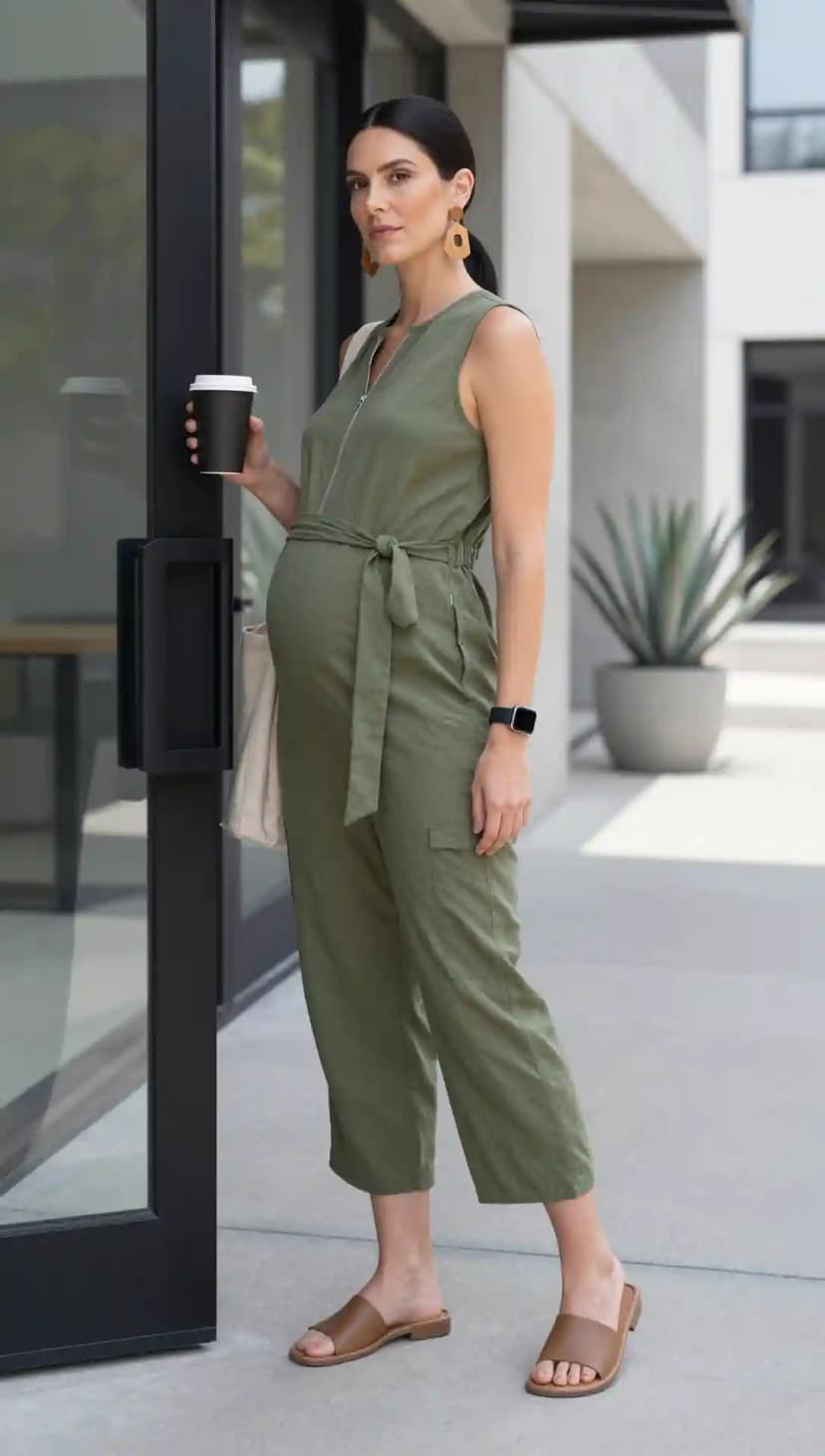 Olive Green Jumpsuit + Brown Slides + Large Earrings