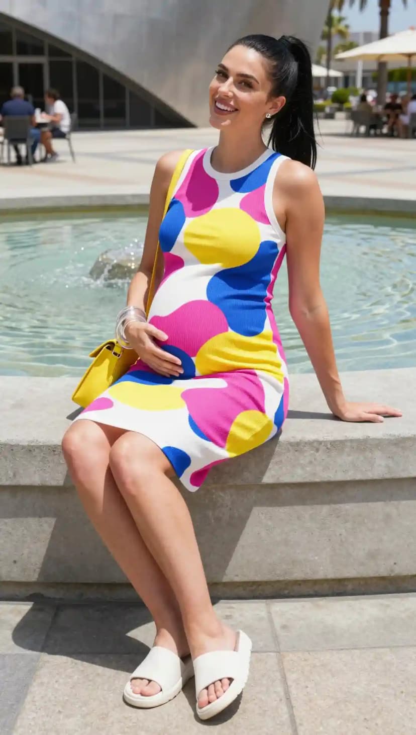 Colorful Polka Dot Maternity Dress + Yellow Crossbody Bag + White Slides
