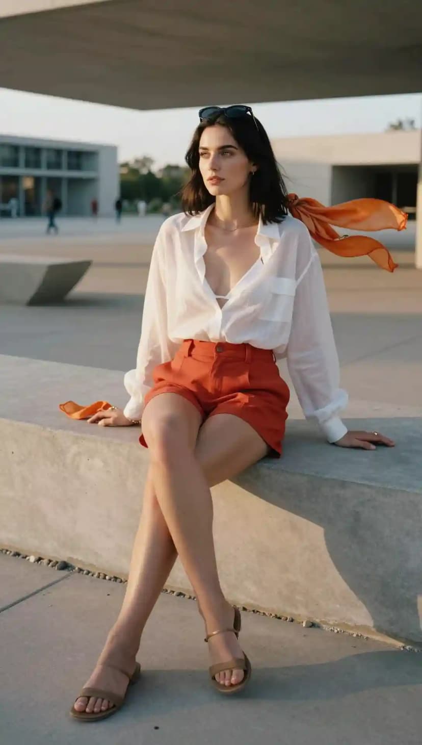 White Linen Shirt + Orange High-Waisted Shorts + Brown Flat Sandals