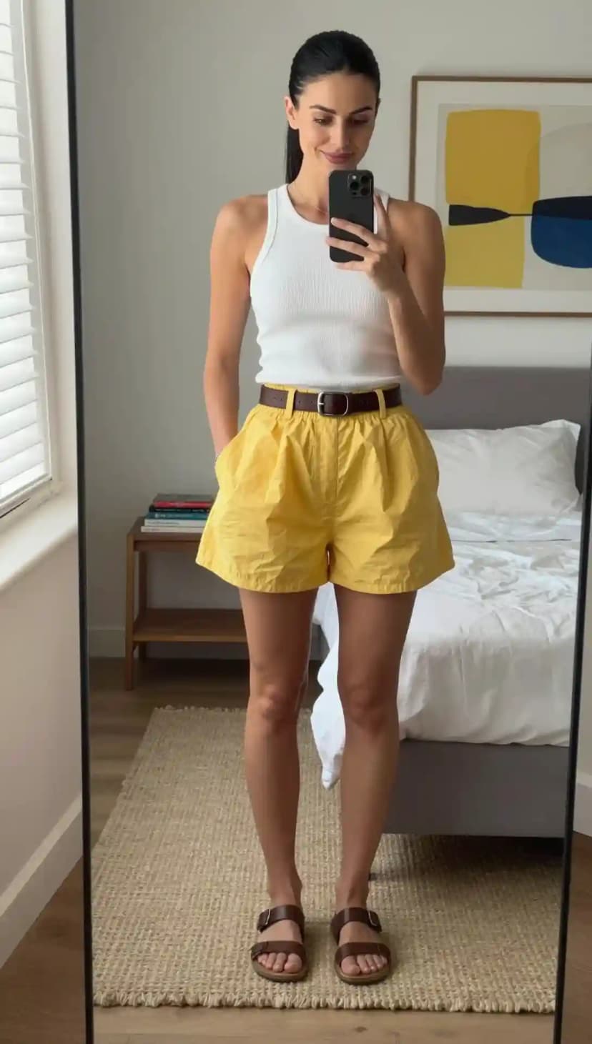 White Ribbed Tank Top + Yellow Cotton Shorts + Brown Leather Belt + Brown Sandals