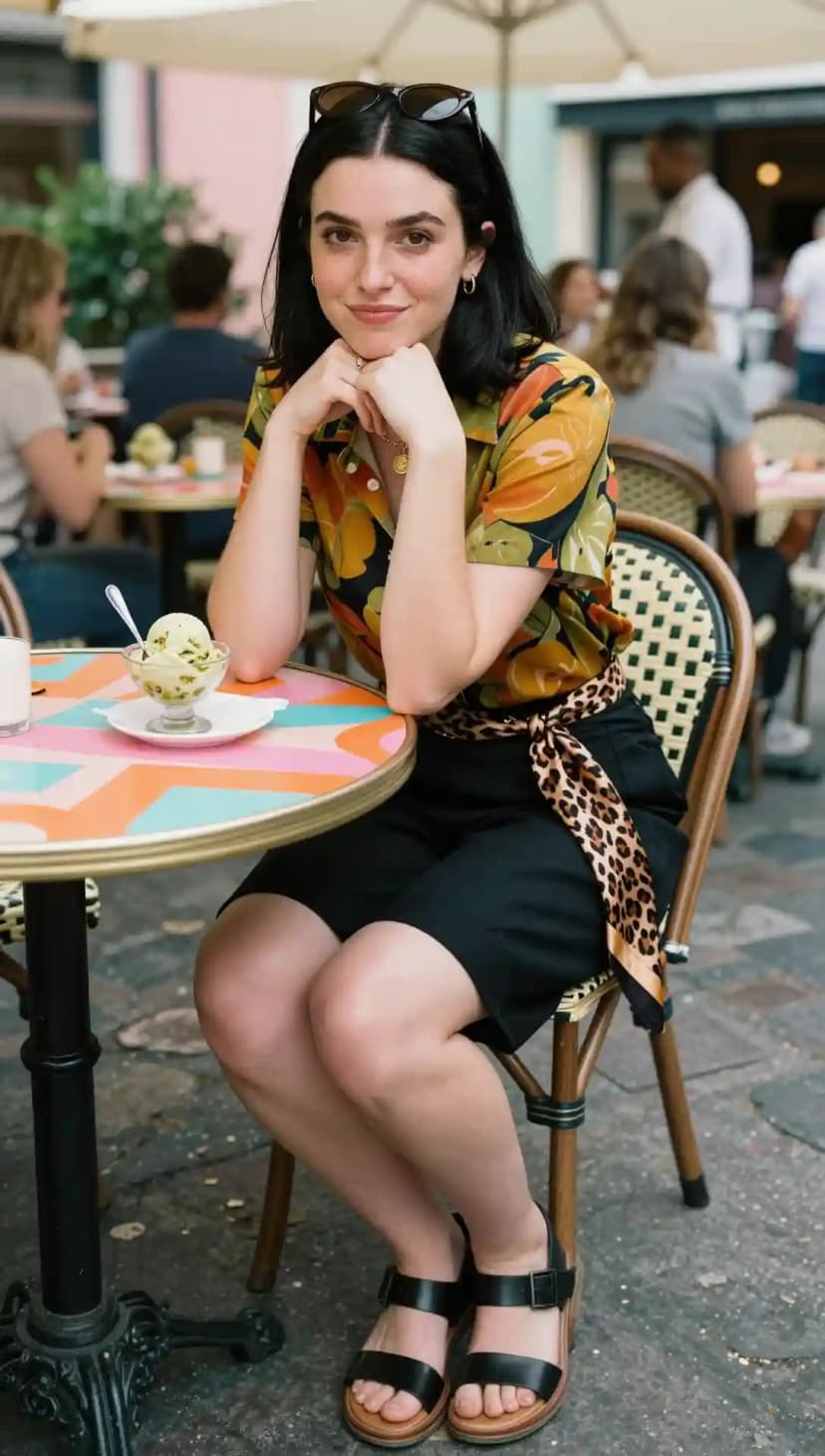 Floral Shirt + Black Shorts + Leopard Scarf