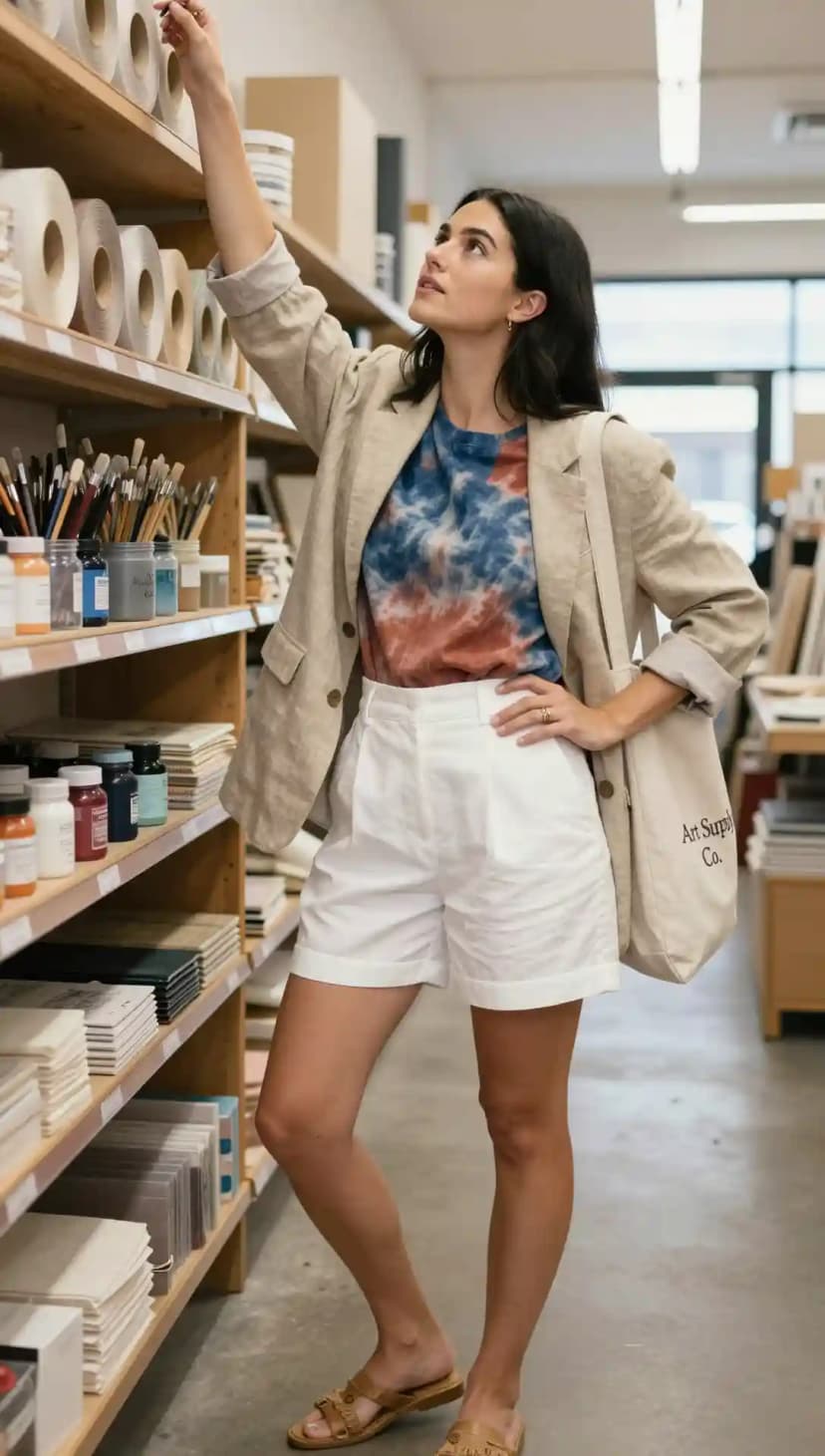 Beige Linen Blazer + Tie-Dye T-Shirt + White Tailored Shorts + Canvas Tote Bag