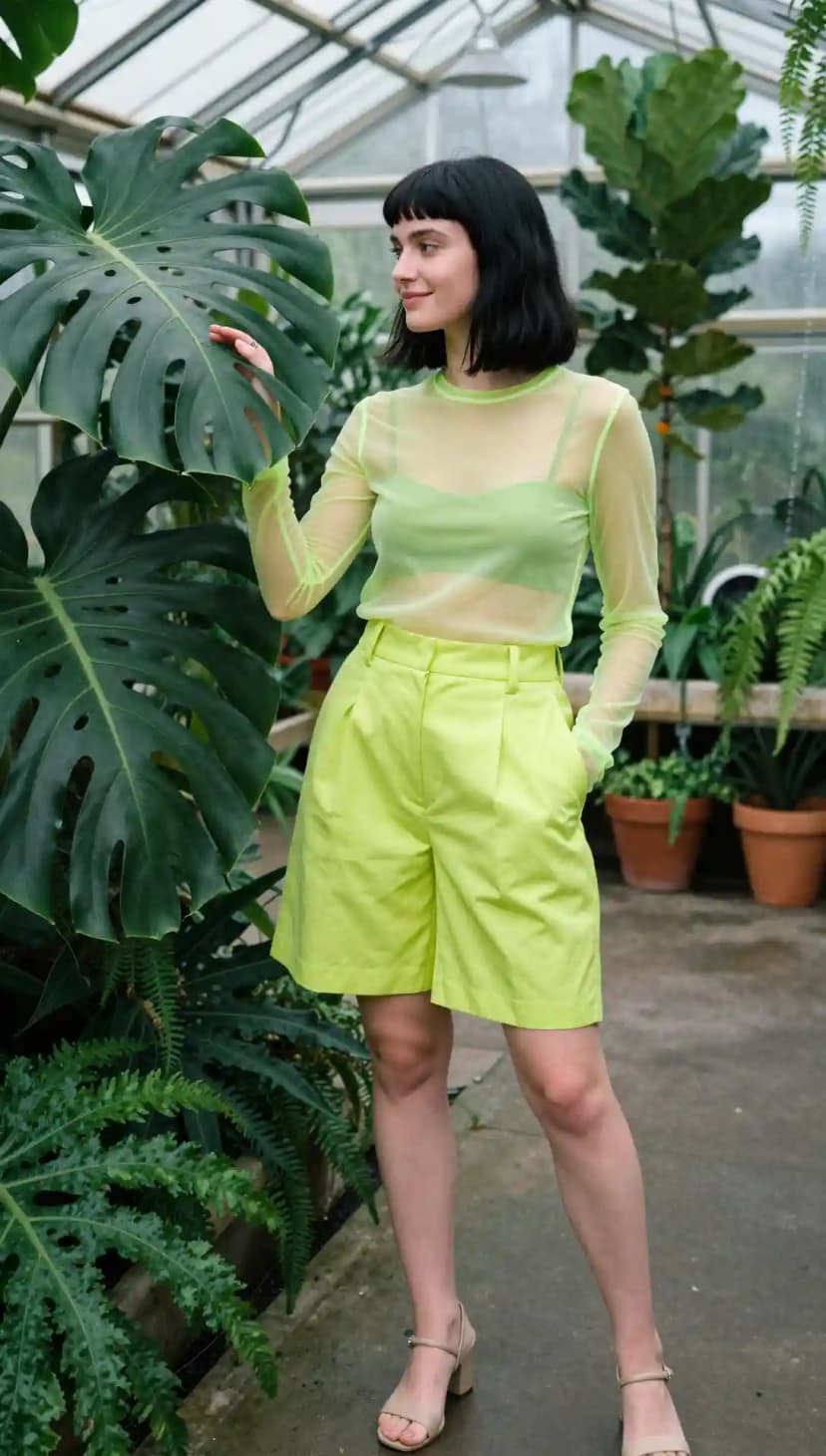 Lime Green Sheer Top + High-Waisted Shorts + Nude Block Heels