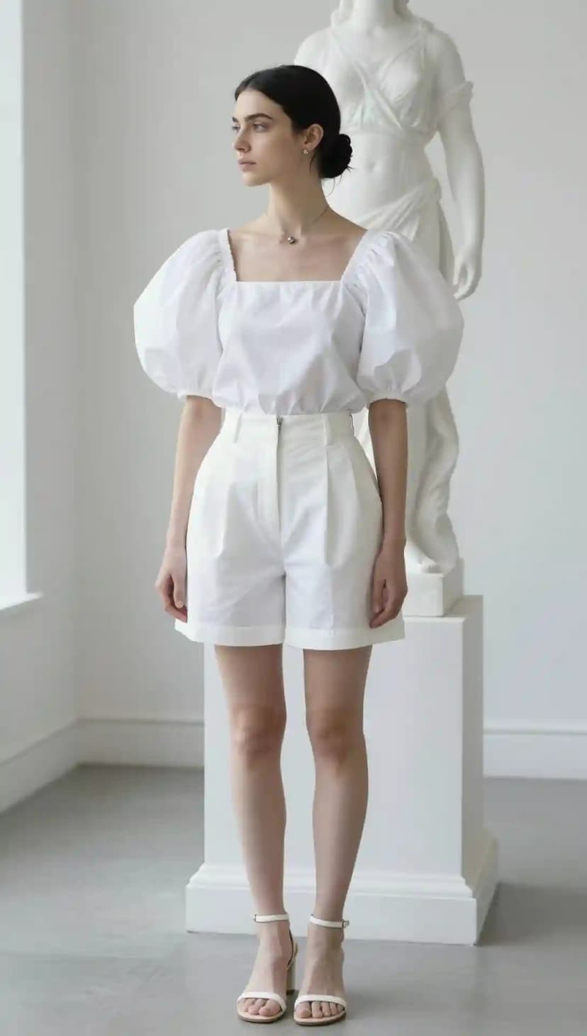 White Puff Sleeve Top + White High-Waisted Shorts