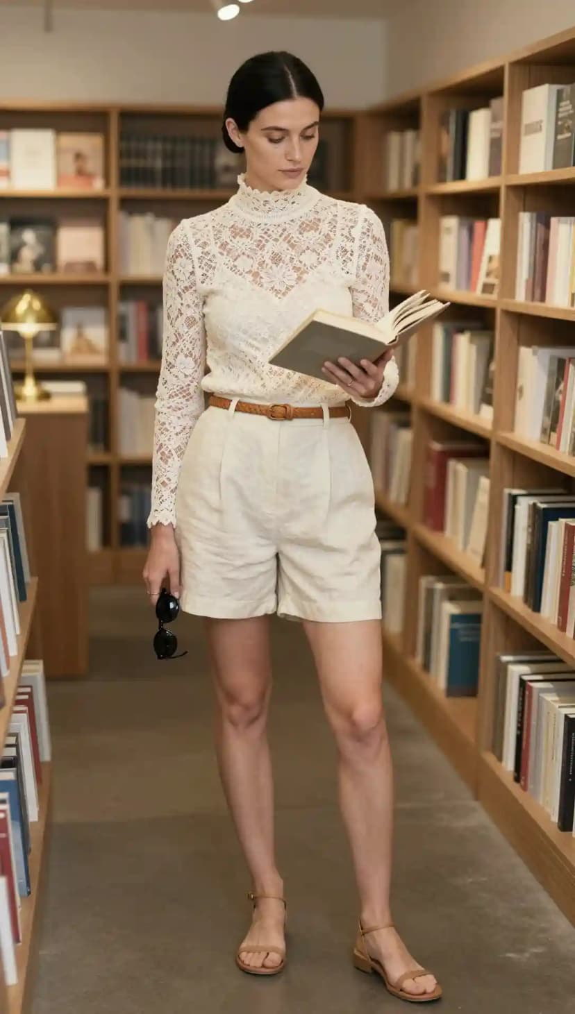 Cream Lace Top + Cream Linen Shorts + Tan Braided Belt