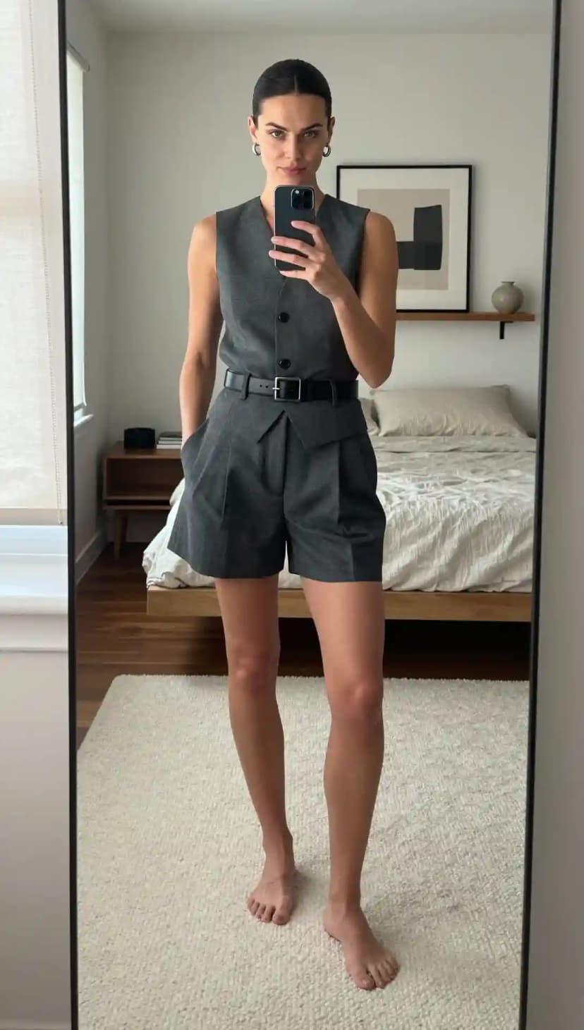 Grey Vest + Grey Pleated Shorts + Black Belt