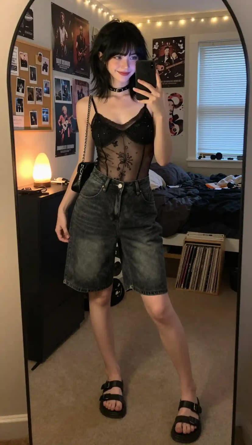 Black Lace Bodysuit + Dark Wash Denim Shorts + Black Sandals