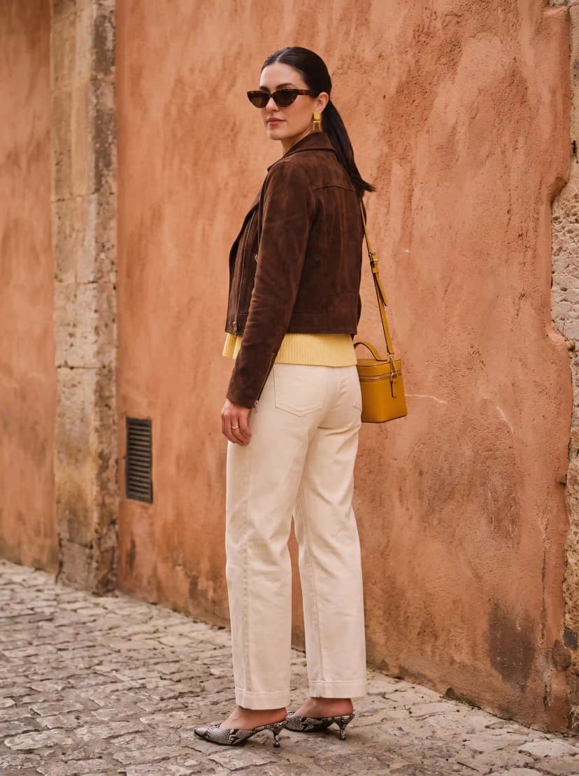 Brown Suede Jacket + Yellow Knit Top + Cream Wide-Leg Pants