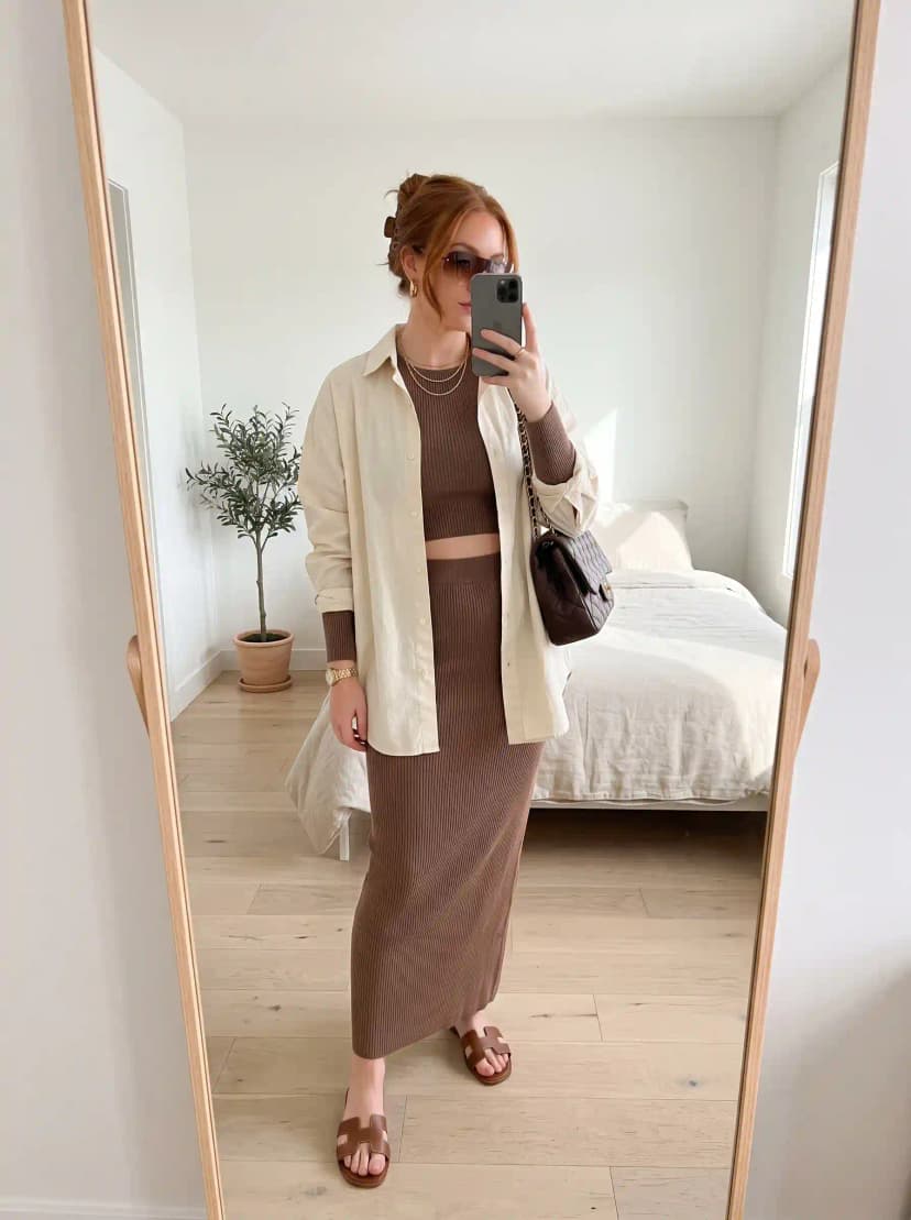 Cream Oversized Shirt + Brown Ribbed Knit Set