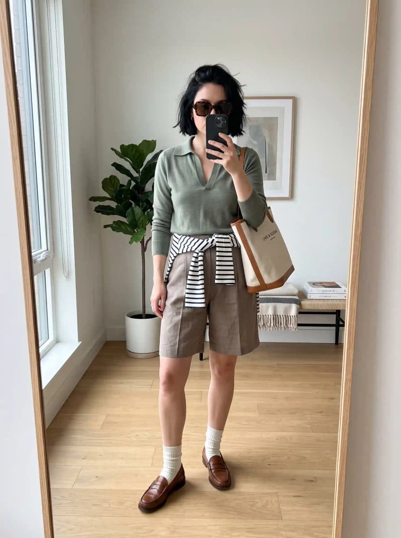 Sage Green Sweater + Striped Shorts + Loafers