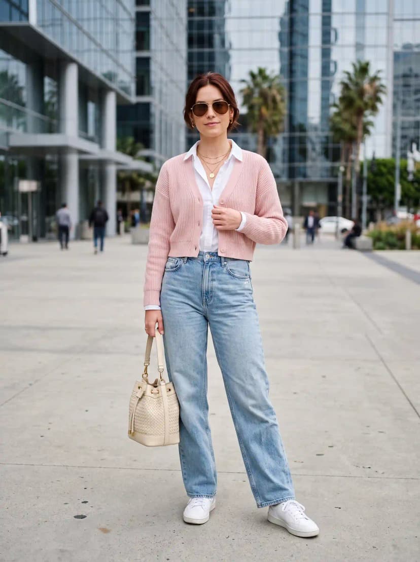 Pink Cropped Cardigan + Button-Down Shirt + Light Wash Jeans