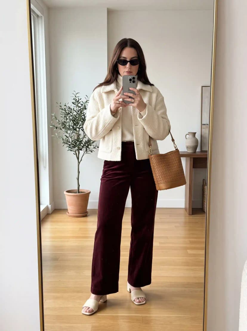 Cream Boucle Jacket + Turtleneck + Velvet Wide-Leg Pants