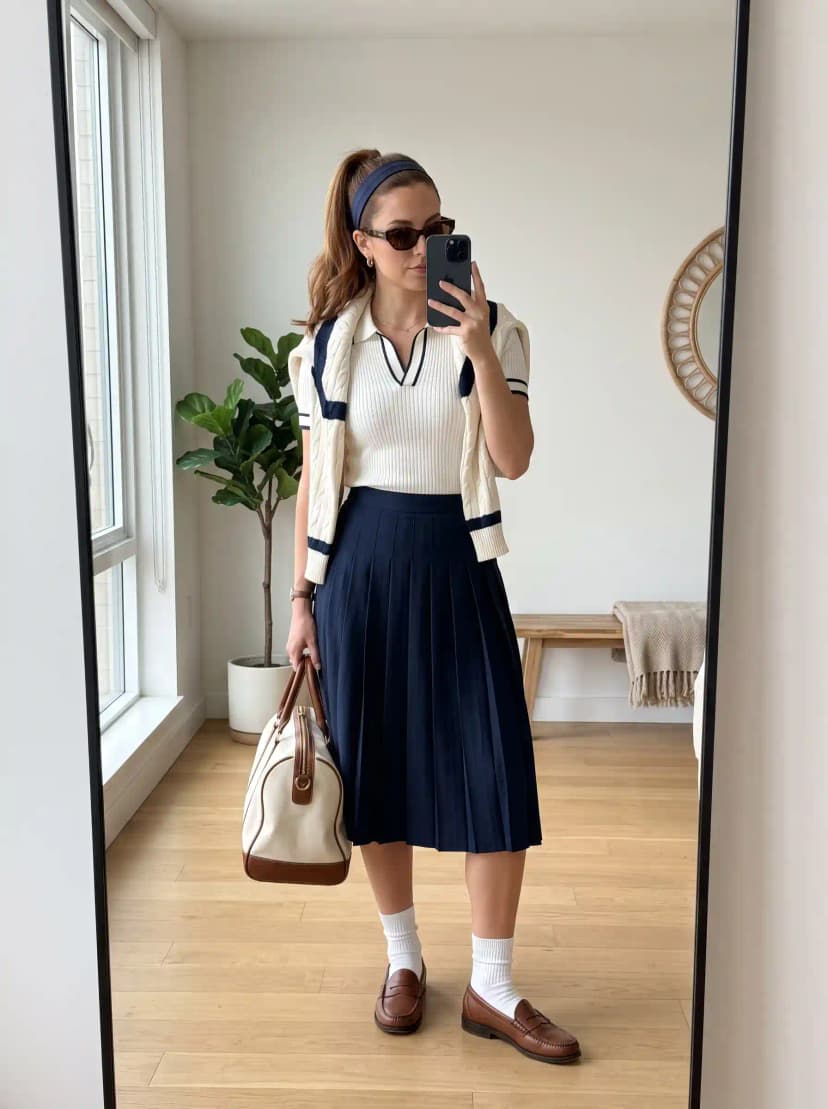 Collared Top + Pleated Midi Skirt + Striped Sweater