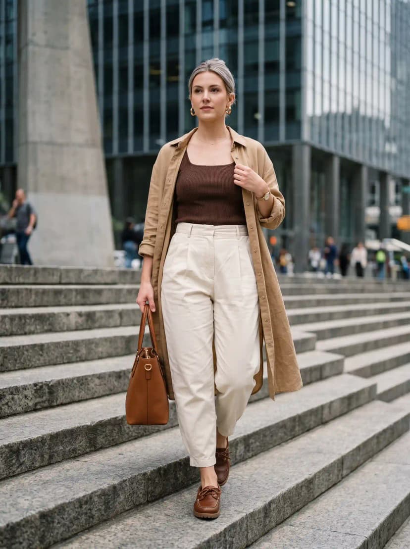 Brown Ribbed Tank + Linen Shirt + Pleated Trousers
