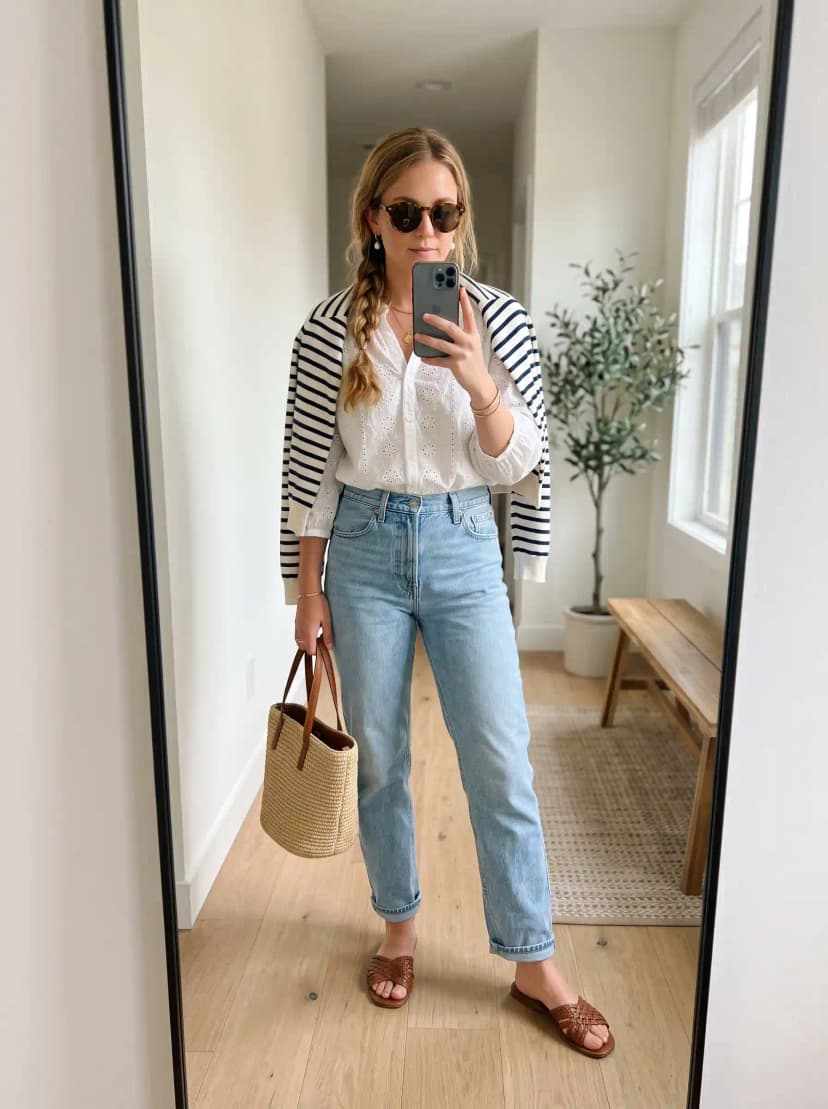 Striped Cardigan + Eyelet Blouse + Straight-Leg Jeans